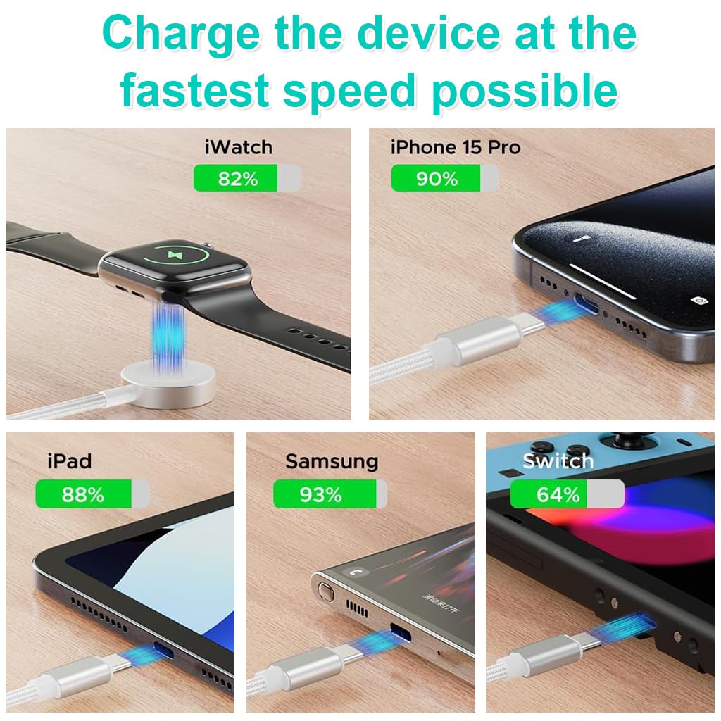 ZORBES 3 in 2 USB C Cable for Apple Watch and iPhone with Magnetic Charger 4.9ft | Nylon Braid