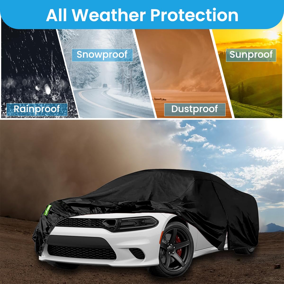 STHIRA® UV Resistant Car Cover Car Shield with Reflective Strips Outdoor Car Shield 210D Oxford Cloth Car Cover Universal Size Car Cover Rainproof Sunproof Windproof Car Cover, 14.5x5.9x5.2ft