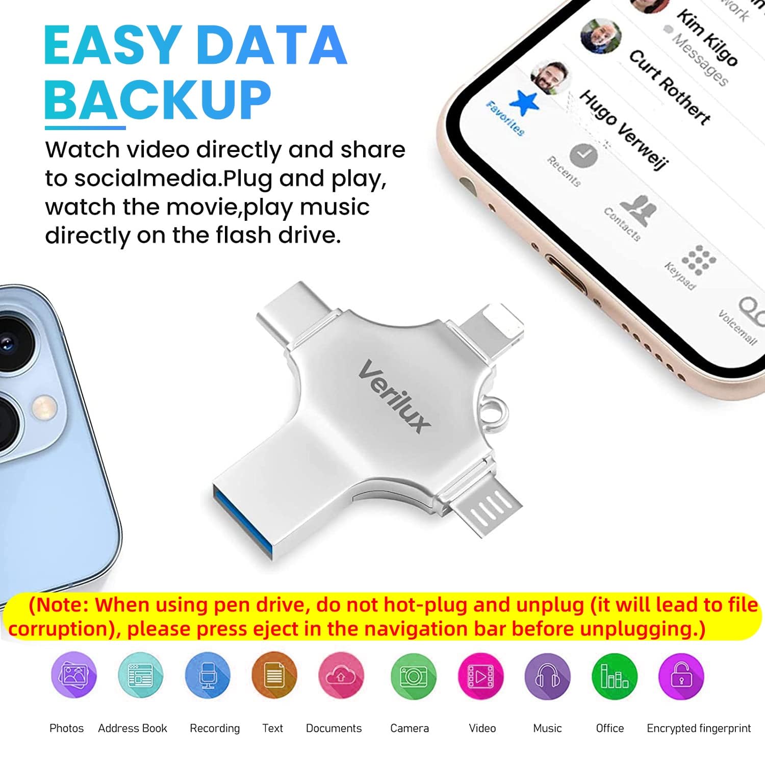Verilux Flash Drive 64GB for iPhone and Android featuring 4 in 1 USB Connectors | Metal Body
