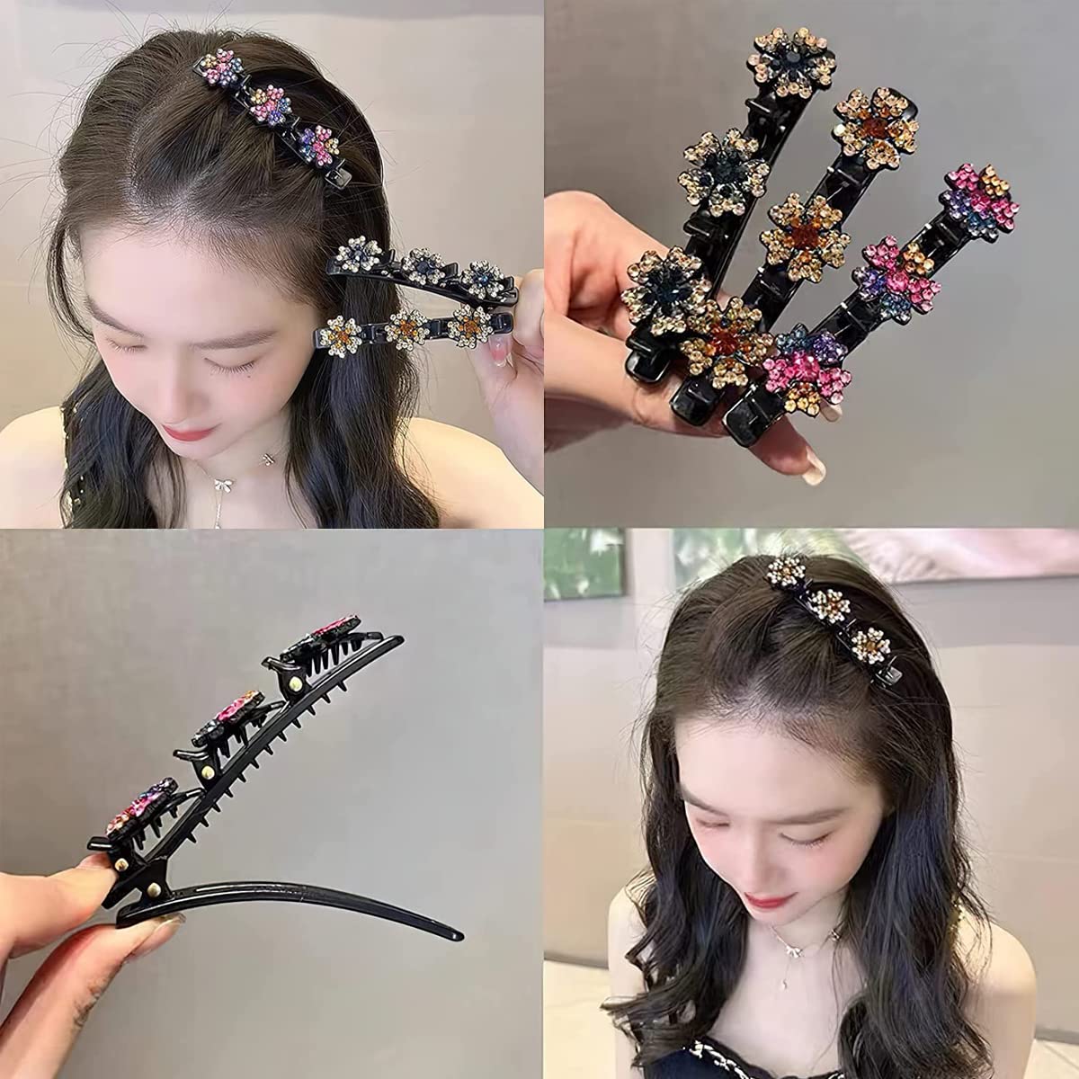 PALAY Sparkling Braided Hair Clips for Girls with Crystal Stones and Metal Spring | 4Pcs Multi Color Styling Accessories