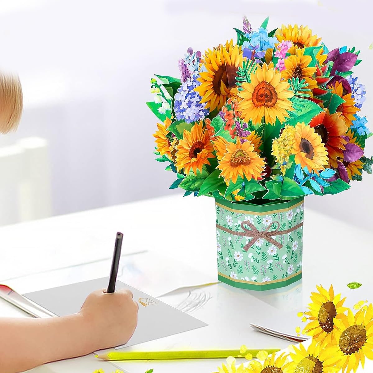 Climberty Greeting Card Pop Up Card for Birthday and Thank You with 3D Sunflower Bouquet 8.6 in | Includes Envelope and Message Card