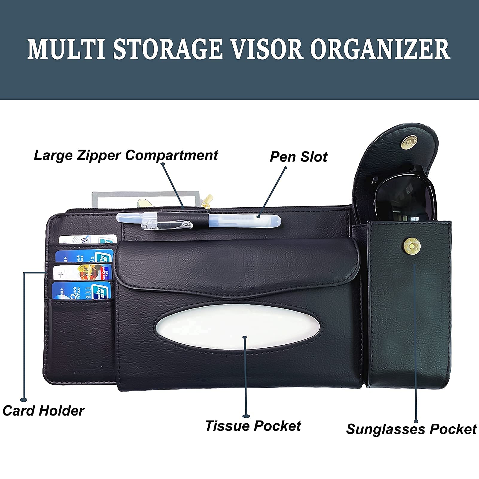 STHIRA Car Sun Visor Organizer for Storage with 35×16 cm Capacity and Dual Elastic Bands | PU Leather Black