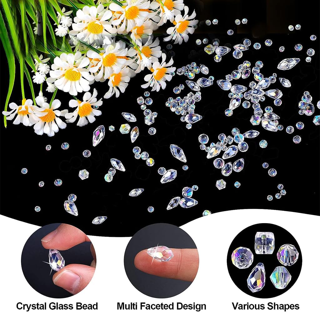 SANNIDHI Glass Crystal Beads for Jewellery Making with AB Finish 1300 pcs | 5 Shapes 3 Sizes