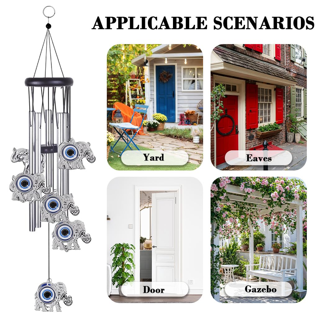 HASTHIP Evil Eye Elephant Wind Chimes for Home Décor with 25 in Aluminum Tubes | Blue Charm for Positive Energy