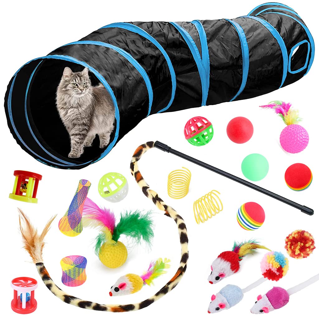 Qpets® 22 PCS Cat Toys for Kittens, Collapsible Cat Tunnels for Indoor Cats, Family Set Cat Teaser Toy Cat Feather Toy Fluffy Mouse Crinkle Balls Toys for Cat Puppy Kitty Rabbit Cat Playing Toys