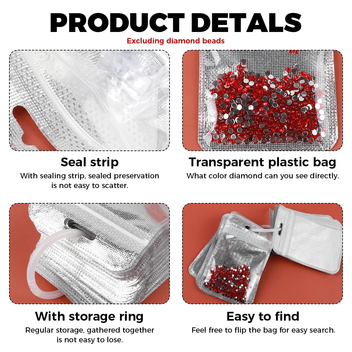 HASTHIP Diamond Pouches for Craft and Jewelry Storage with Ziplock and Clasp Ring | 50 Pcs Clear Non‑Woven Bags