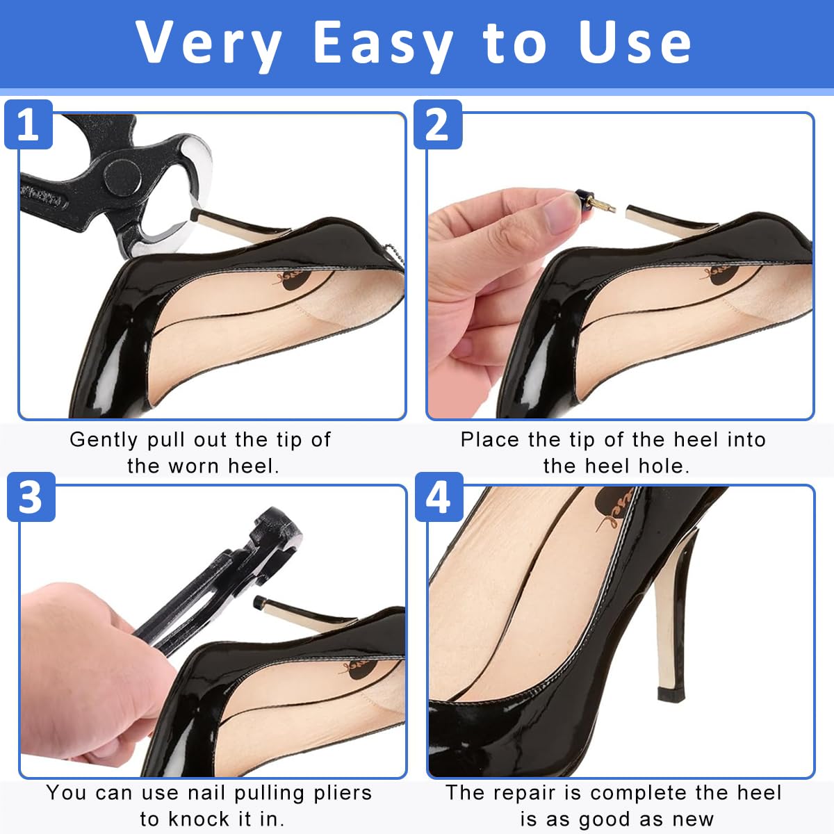 HASTHIP® 20 Pairs High Heel Tips Replacements High Heel Tips Black & Beige U-shape Heel Tips Small Round Heel Tips 12.5mm/11mm/10mm/9mm High Heel Tips with Plier, for Replacing Worn-out Heel Tips