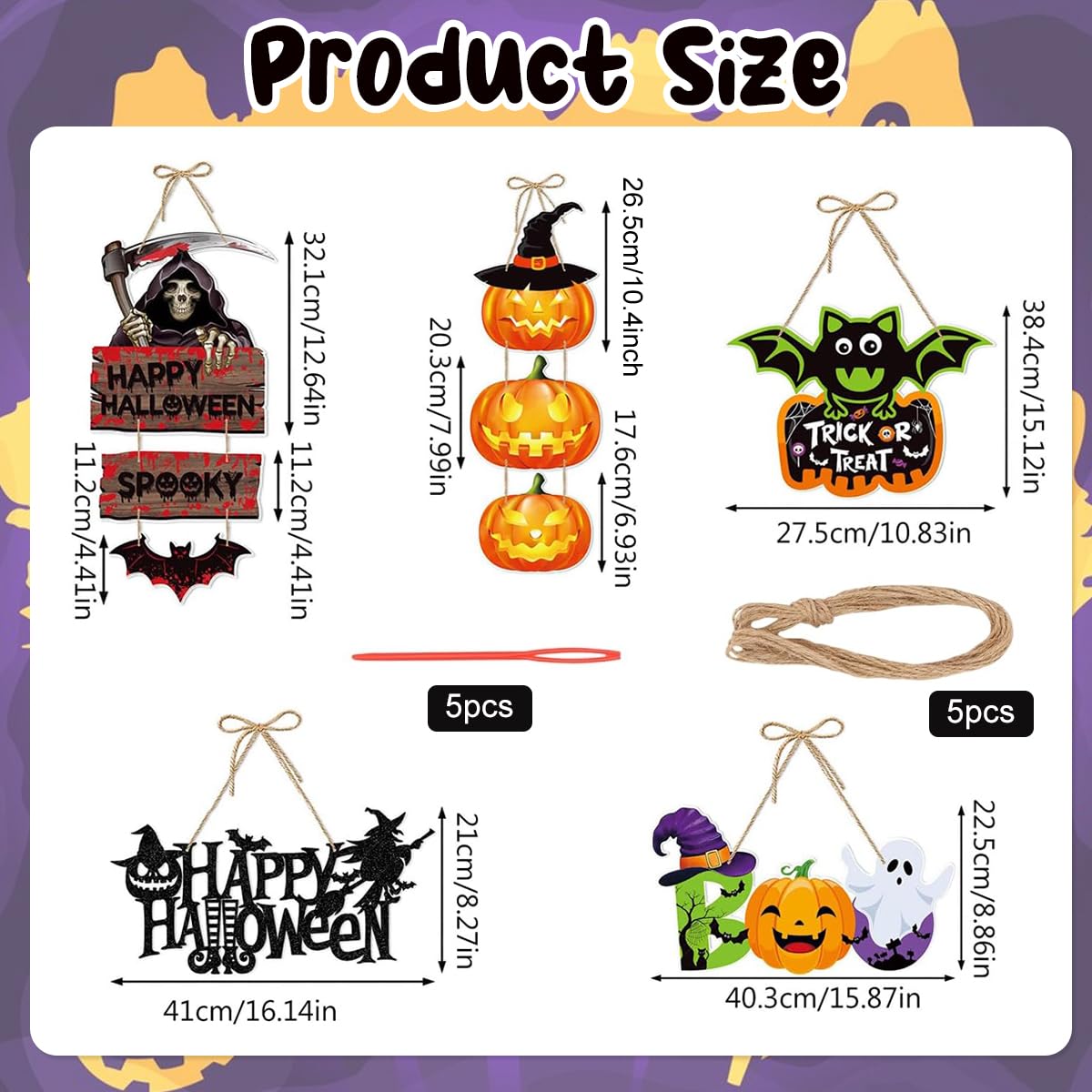 HASTHIP Halloween Wall Hangings for Home and Party Décor featuring 5 Paper Signs | Pumpkin Ghost Witch Bat Designs