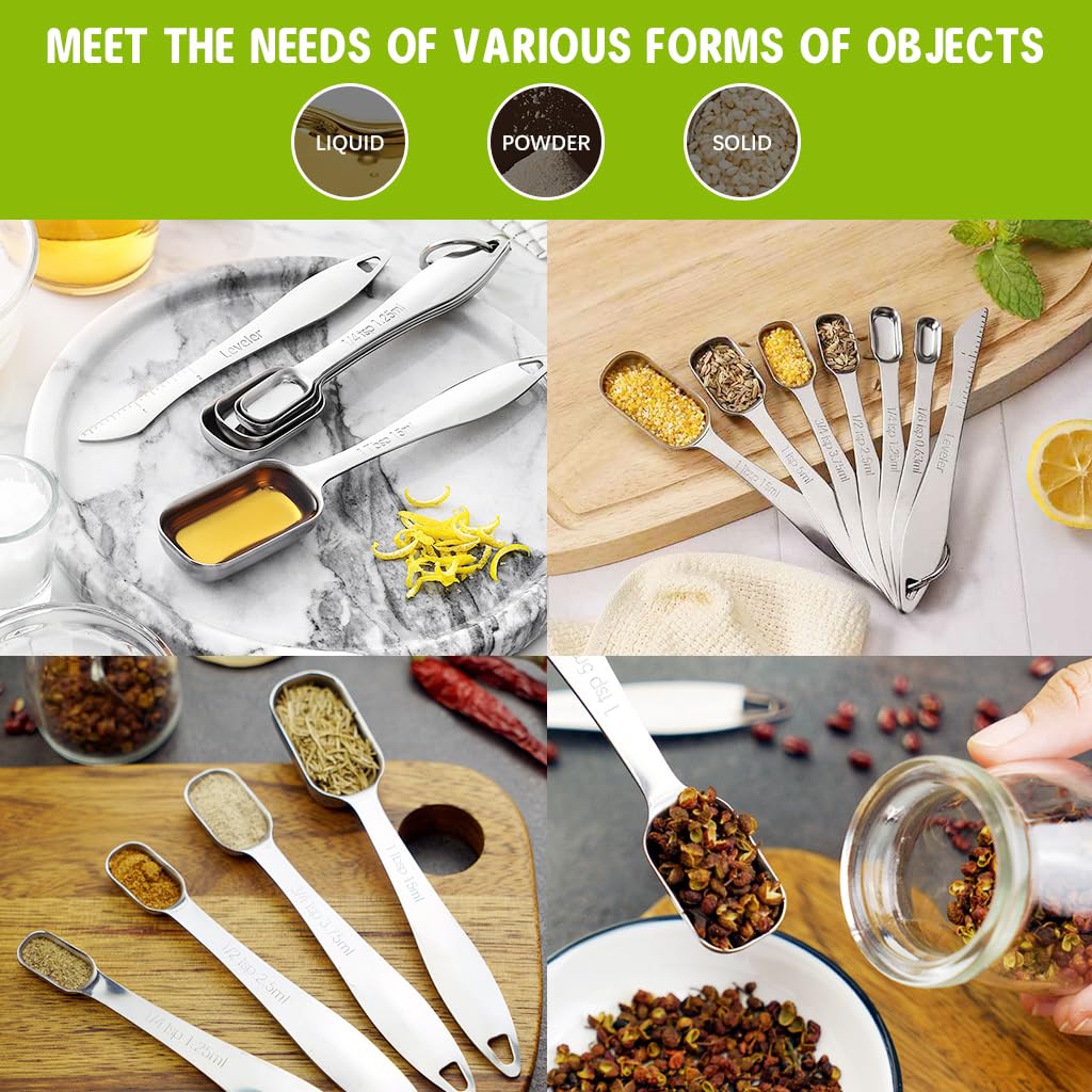HASTHIP Measuring Spoon Set for Baking with Leveler and Stackable Ring | 7 Stainless Steel Spoons