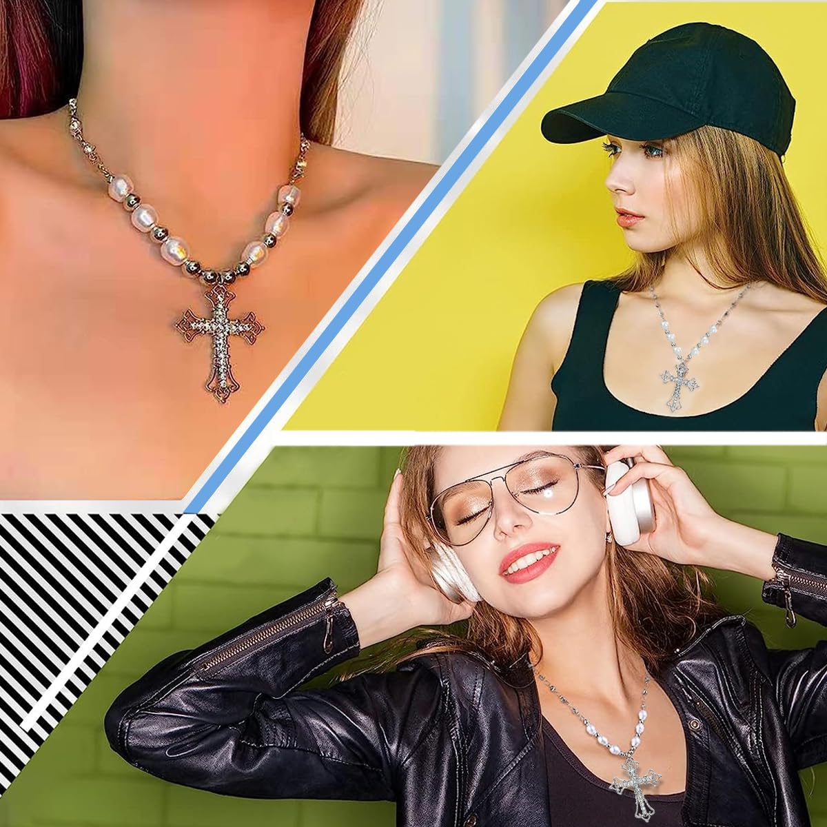 SANNIDHI Pearl Necklace for Women featuring 45cm Chain and Crystal Cross Pendant | Stainless Steel Beads Choker Gift