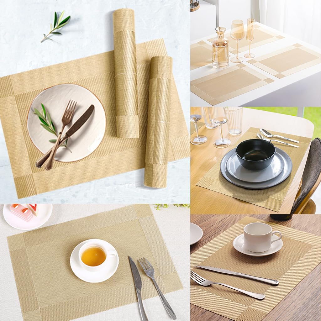 ZIBUYU® 6Pcs Dining Table Placemat Minimalism Placemat PVC Placemats for Dining Table Heat Resistant Dish Placemats for Dining Table Wedding Banquet Placemat, Golden, 17.7x11.8 Inches