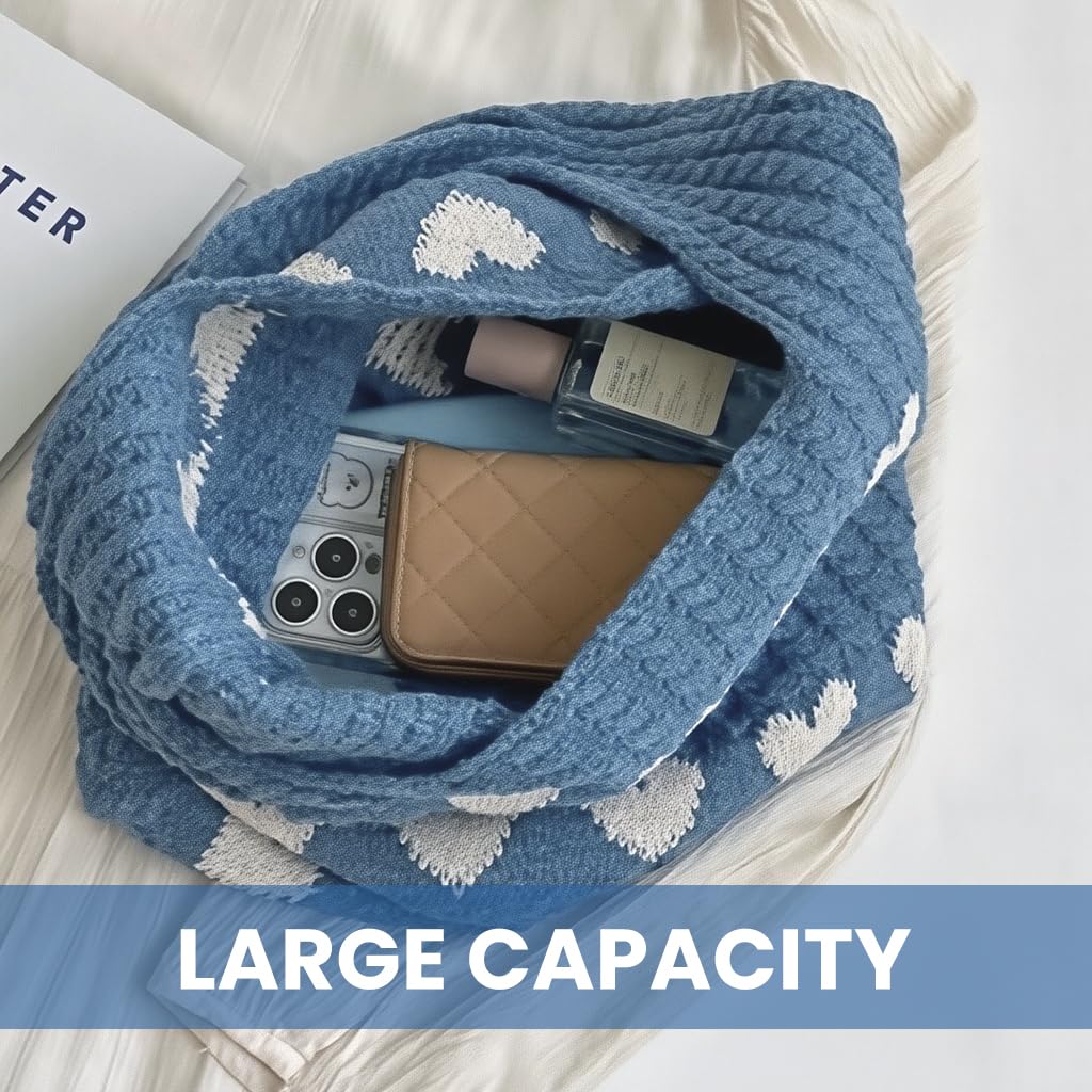 Zibuyu Crochet Heart Tote Bag for Work School and Beach with Plush Charm | Cream and Red Knit Style