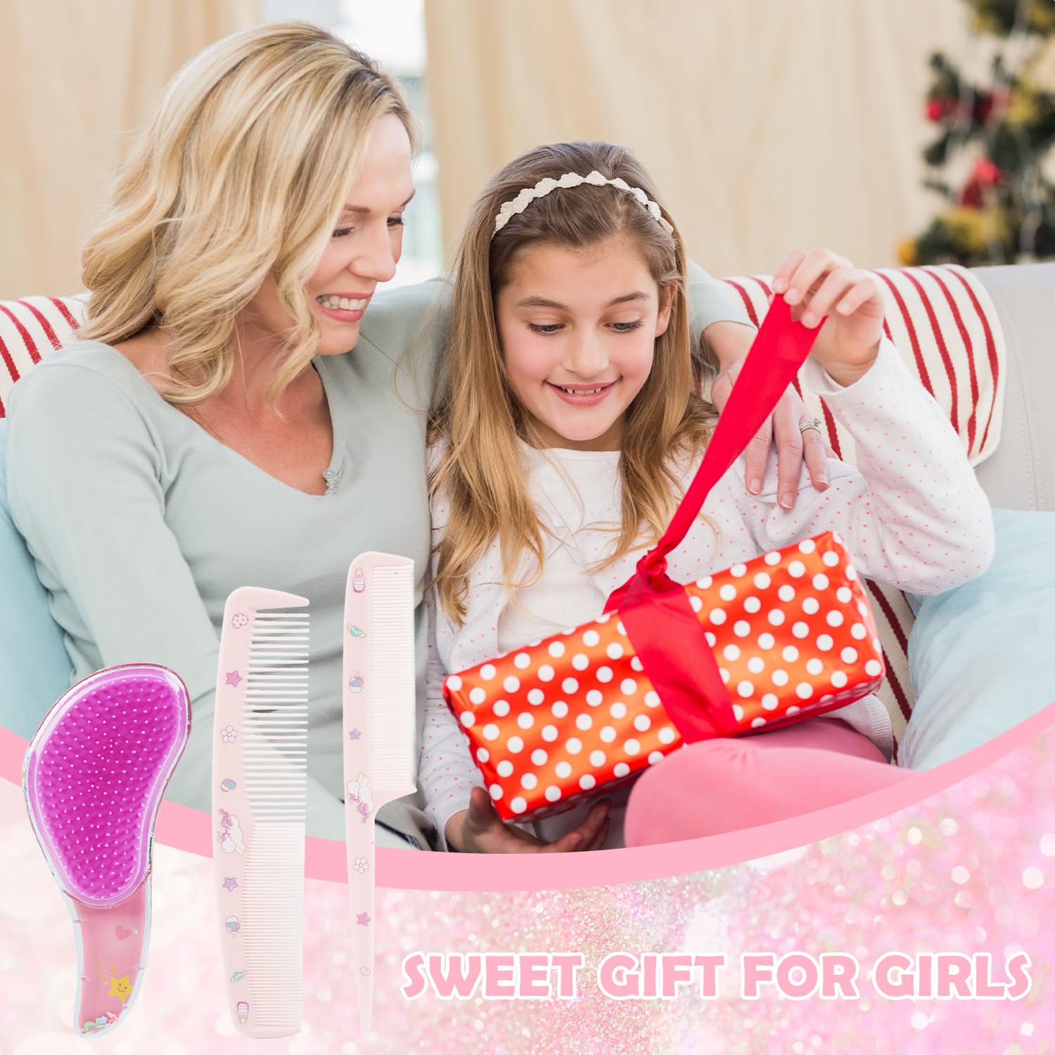 MAYCREATE Girls Hair Brush Set for Detangling and Styling with 3 Pieces | Cute Unicorn Pink