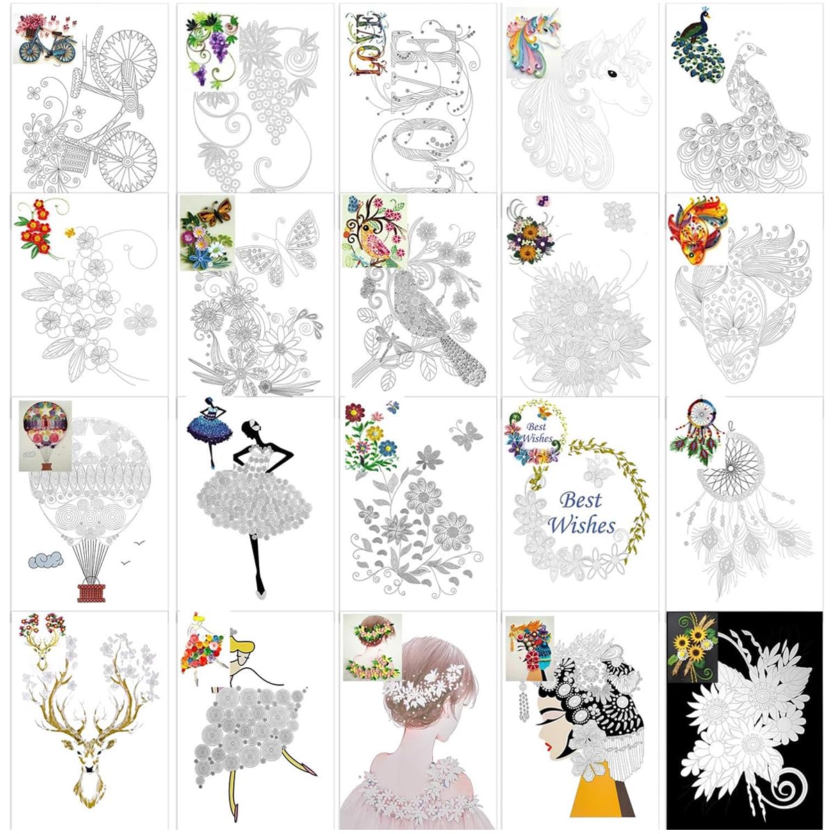 HASTHIP® 20Pcs Paper Quilling Art Patterns A4 Assorted Hard Paper Patterns Templates Quilling Making Design Drawing Papers DIY Quilling Supplies for Adults & Kids DIY Quilling Art Paper