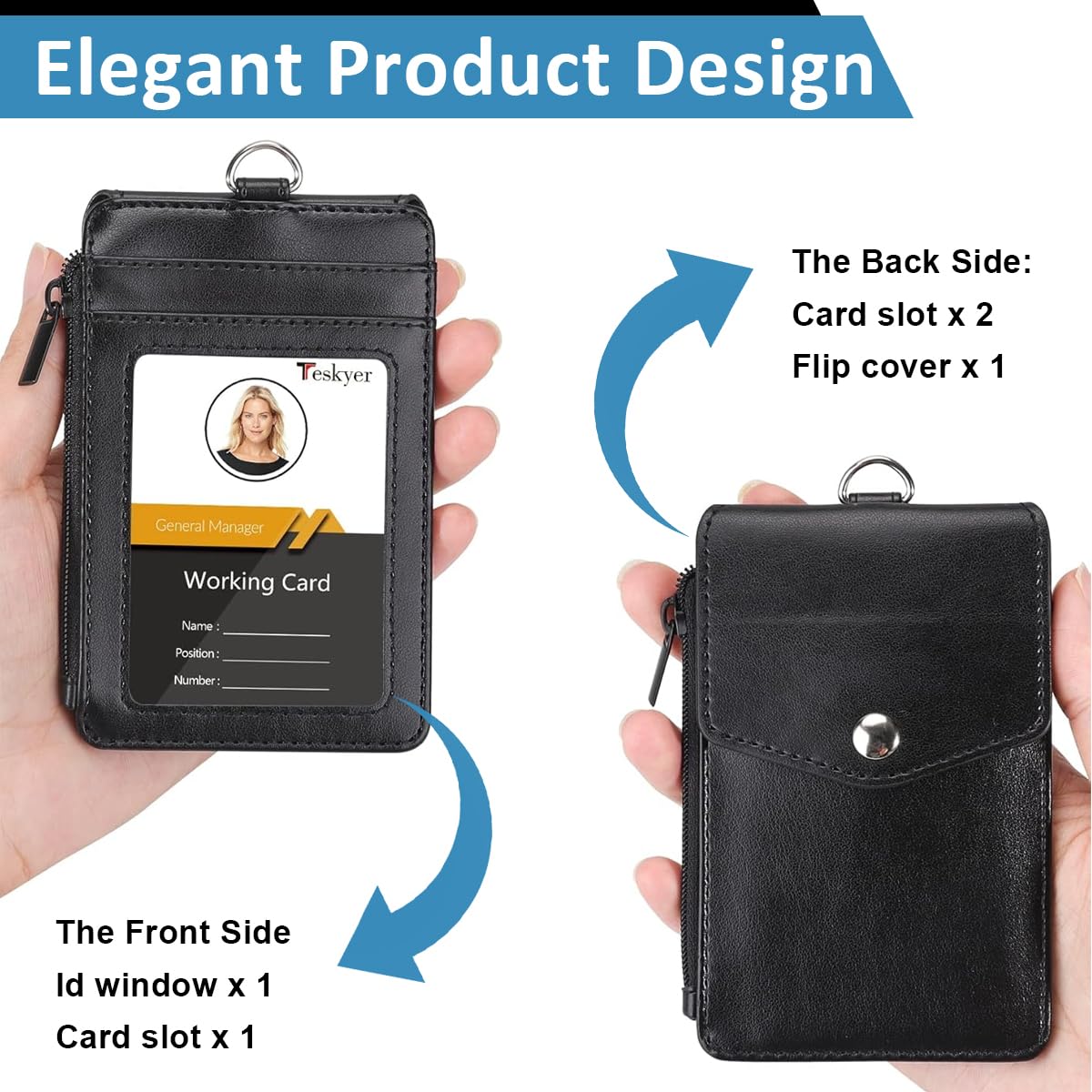 OFIFO Badge Holder for Staff ID Cards with Zipper Pouch and Card Slots | PU Neck Strap