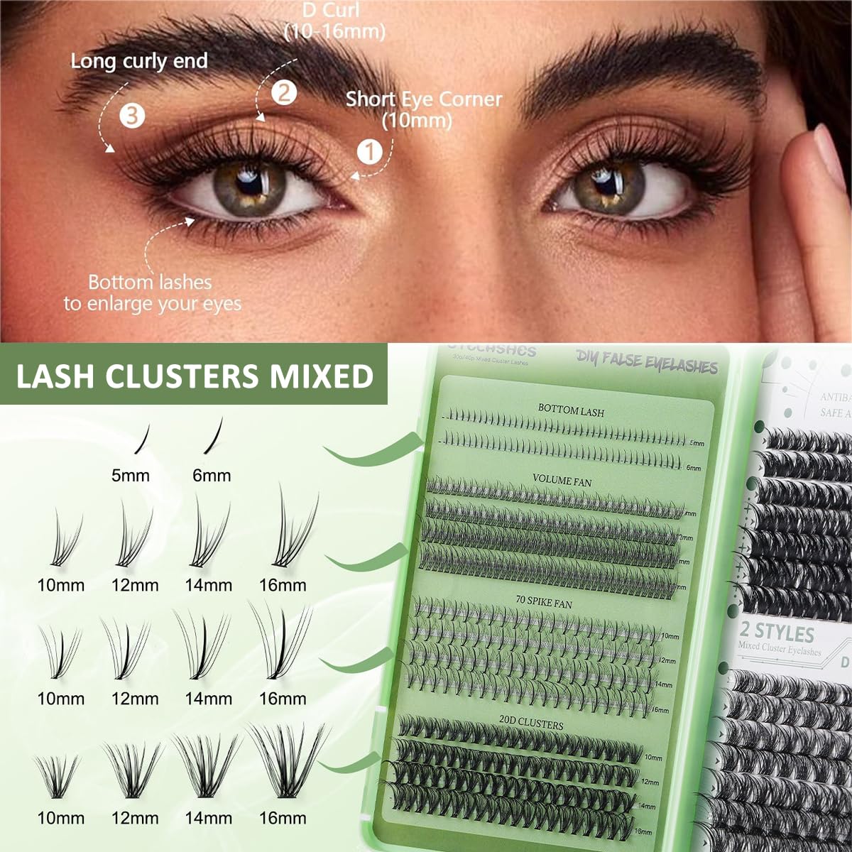 MAYCREATE False Eyelash Kit, Individual Lashes, 3D Effect Individual Melt Flare Lash Cluster VolumeNatural Lashes Set Waterproof For Women