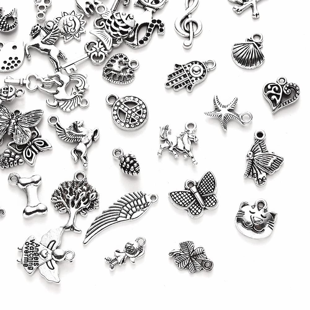 ZIBUYU® Pendant Charms for Jewellery Making Kit Accessories Silver Metal Pendants Charms Silver Plated DIY Charms for Necklace Bracelets Pendent for Crafting - 100 Pcs