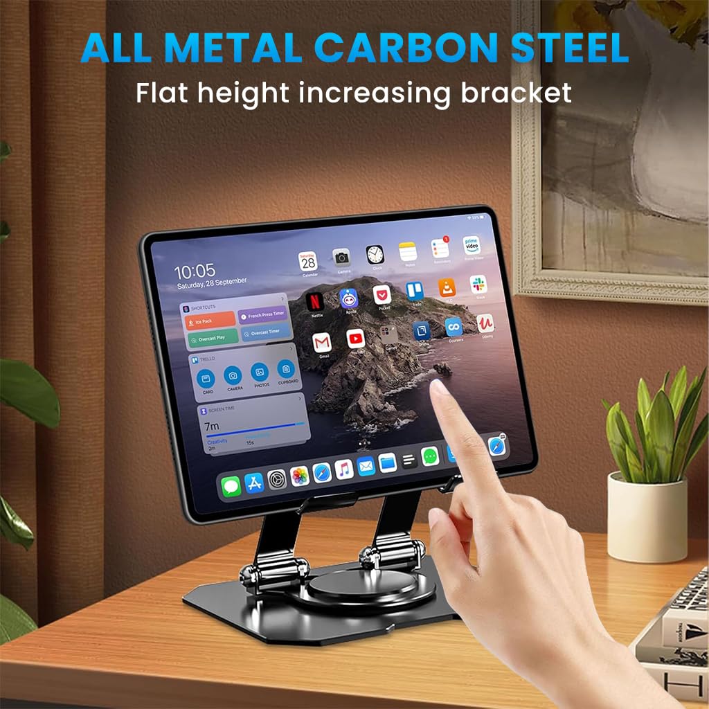 ZIBUYU Universal Metal Phone and Tablet Stand for Desk with 360° Rotation and Cooling Base | Foldable Adjustable Holder for iPhone iPad Samsung