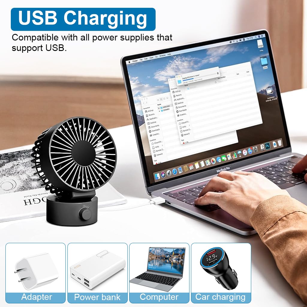 HASTHIP® Mini USB Desk Fan with 2-Speed Control, Portable Small Desktop Fan Quiet Handheld Cooling Fan with Stand for Office, Travel & Makeup (Black)