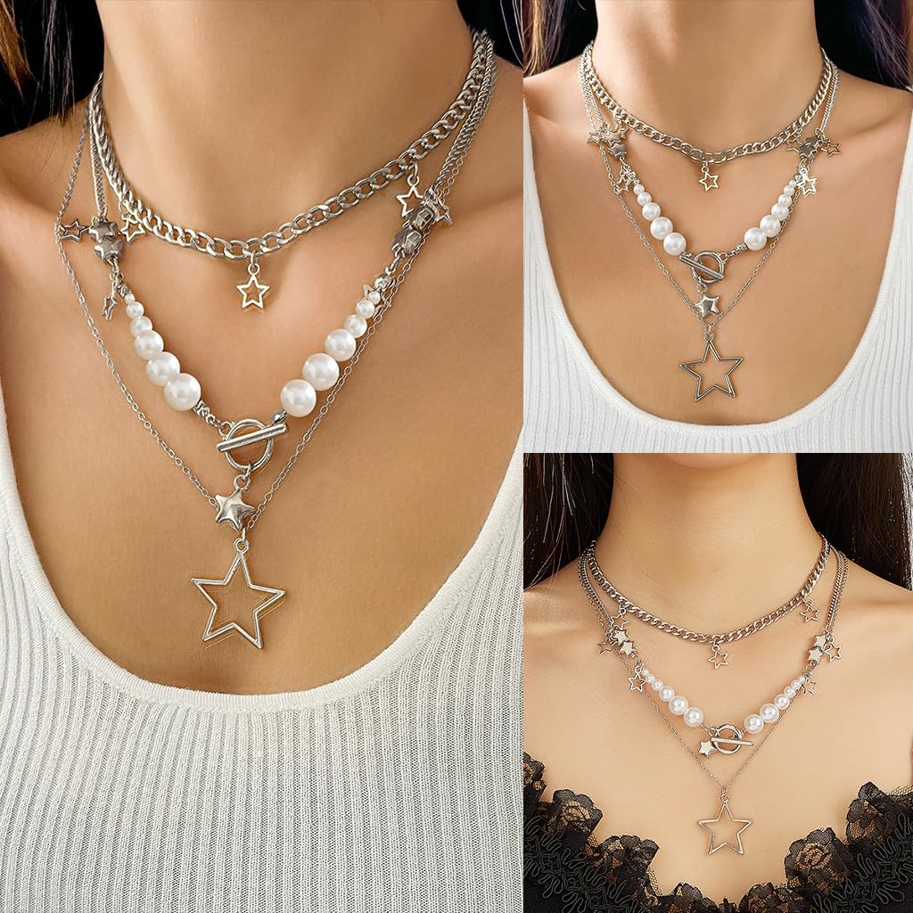 SANNIDHI Necklace for Women with Star Pendant and Pearl Trio Layered Chains | Gift Jewelry