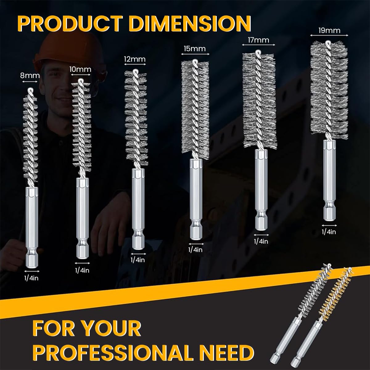 Serplex Bore Brush Set for Drill 12 pcs 1/4 in Hex Shank with Twisted Wire Design | Stainless Steel and Brass Cleaning Tools