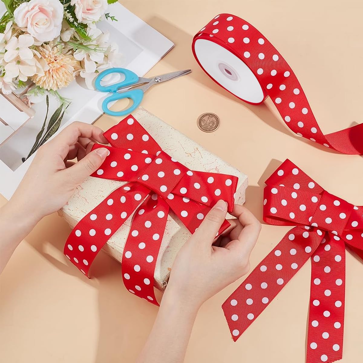 HASTHIP Red Polka Dot Ribbon Roll for Gift Wrapping and Crafts 25mm x 24 Yards | Ribbed Texture