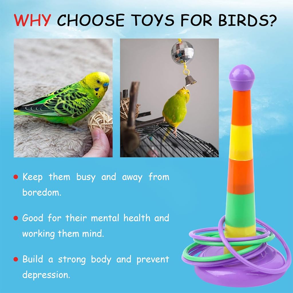 Qpets® 7PCS Bird Toys Set Bird Training Toys and Accessories Including Shopping Cart Basketball Stacking Skateboard Training Toy (Random Color)