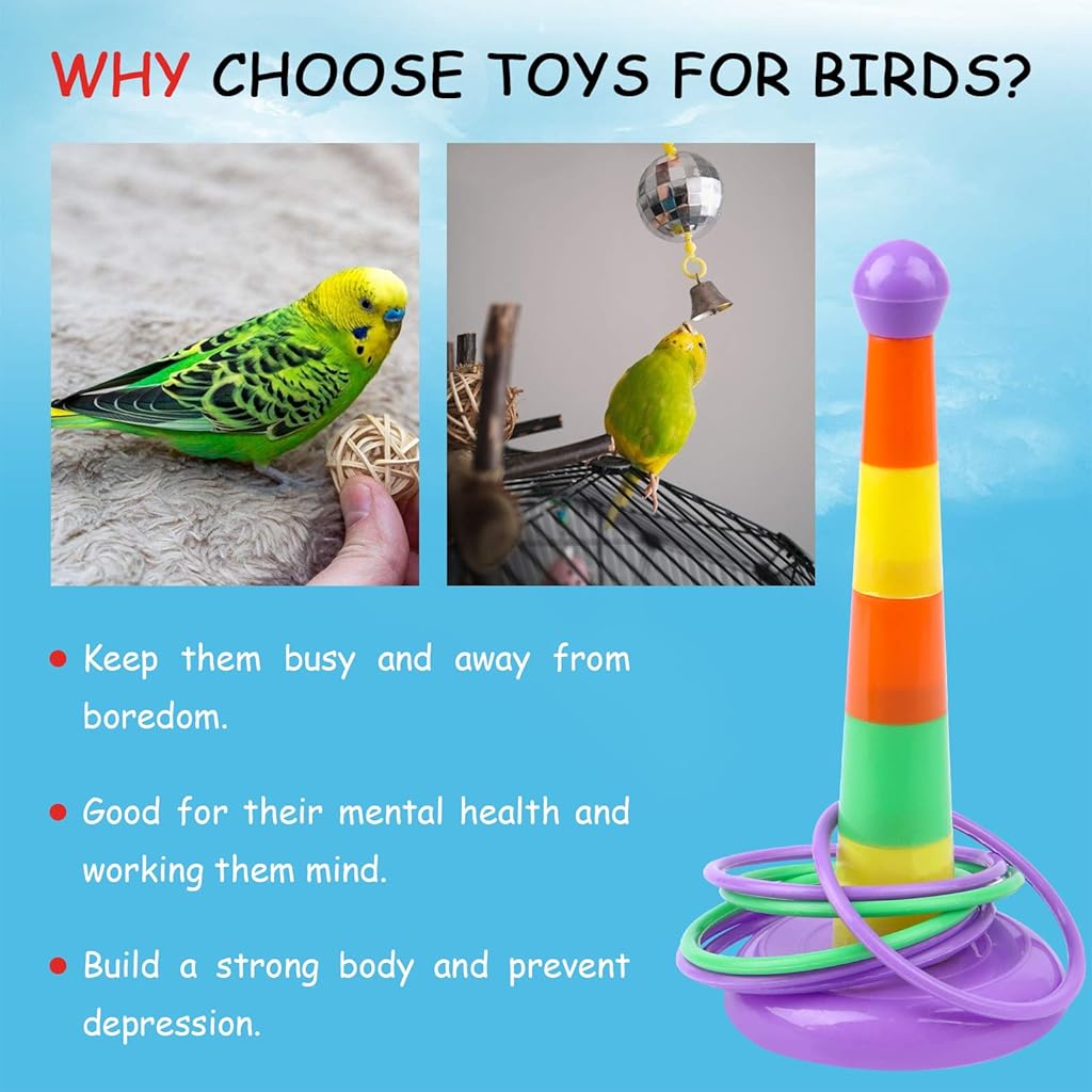 Qpets® 21PCS Bird Toys Set Training Accessories Including Shopping Cart Basketball Stacking Skateboard Toy Random Color Set One