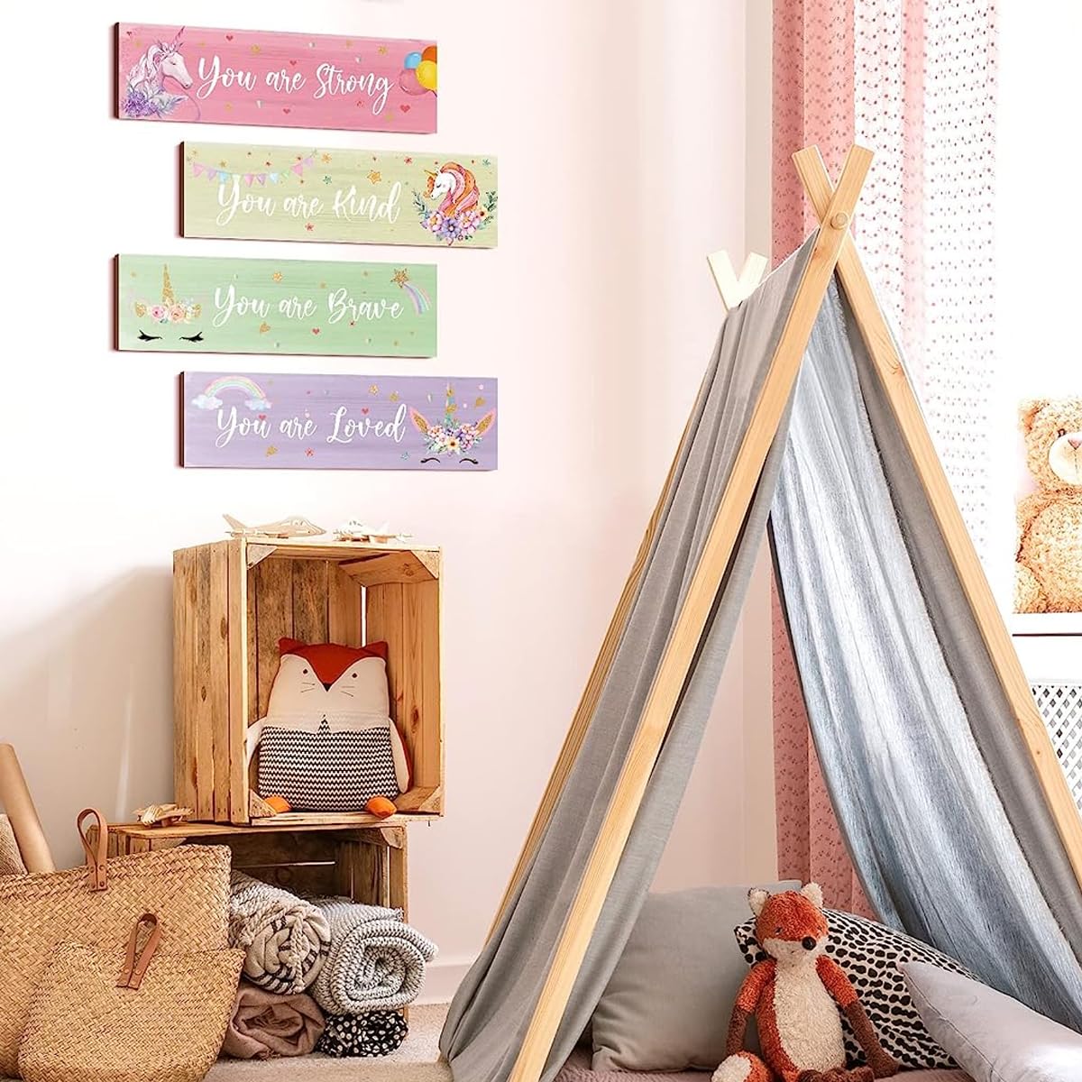 HASTHIP Unicorn Rainbow Wall Decor for Girls Room with Triangular Hooks and 11.8×3.9 in Wooden Signs | Set of 4 Inspirational Bedroom Decorations