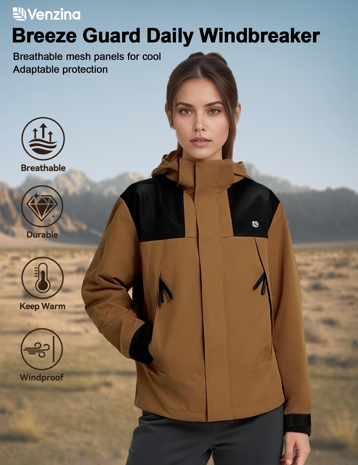 Venzina Women's Hiking Jacket for Trekking with Windproof and Water Resistant Design | Caramel Slim Fit Coat with Breathable Mesh Liner and Detachable Hood