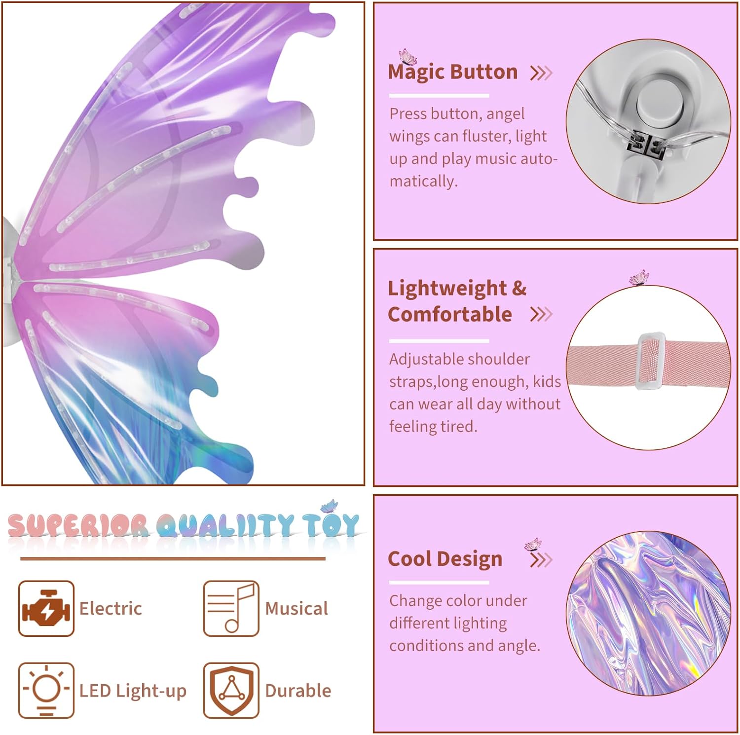 PATPAT® Electric Butterfly Wings for Girls with LED Lights and Music, Light Up Moving Fairy Wings for Halloween Christmas Birthday Party, Princess Cosplay Costume Accessory Gift for Kids 5+ Years