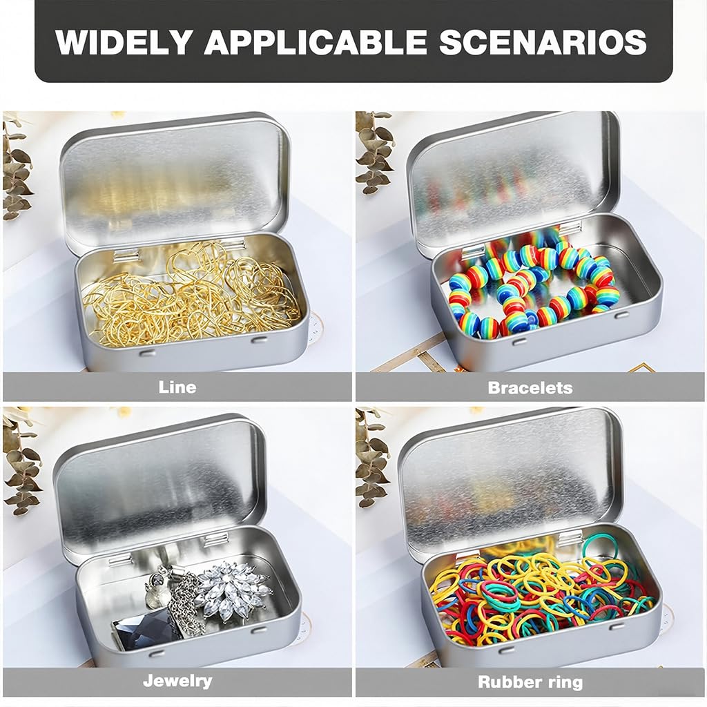 HASTHIP Small Tin Box for Storage with Hinged Lid 4 Pcs 31g Silver Aluminium | 95x60x20mm