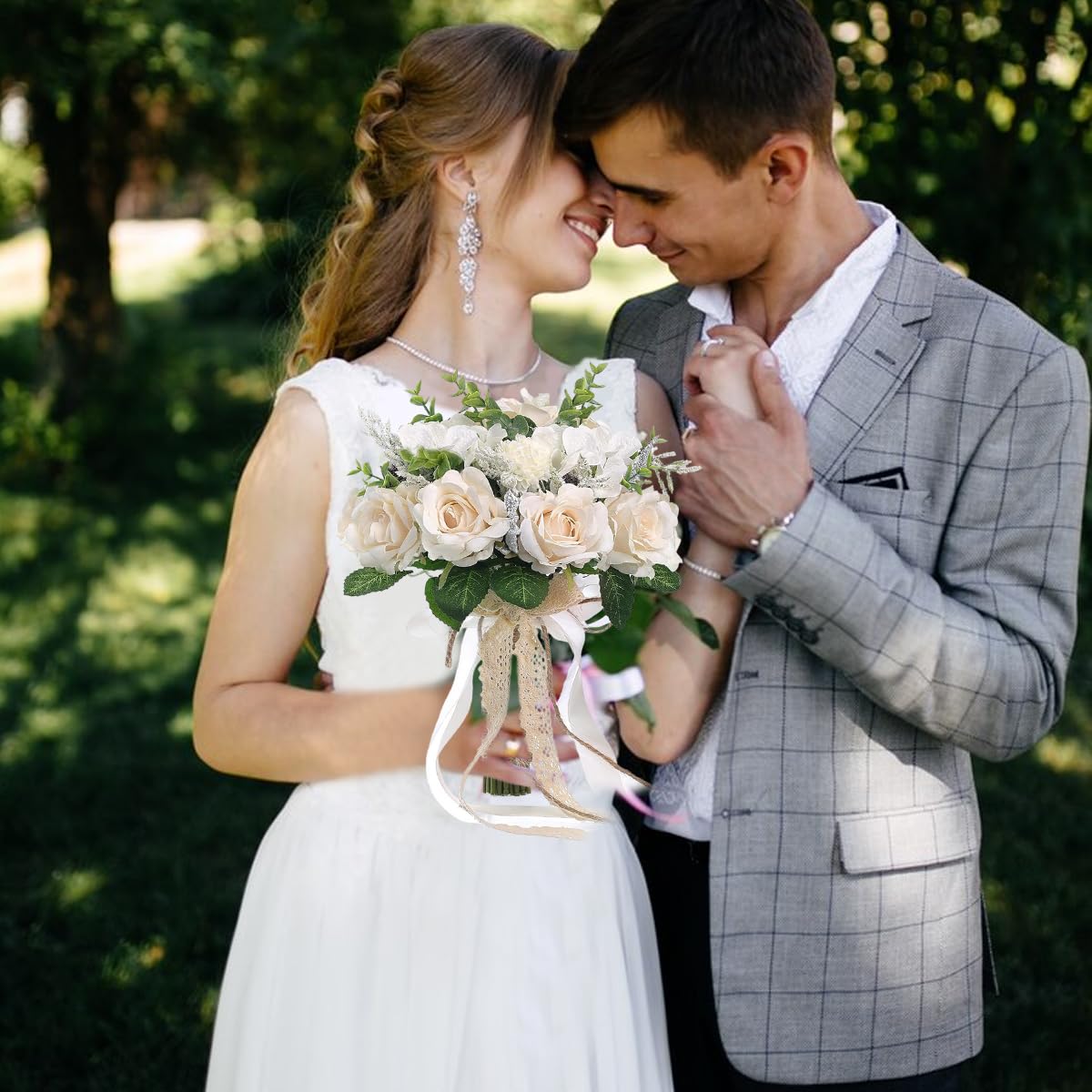Supvox Artificial Flowers Wedding Bouquet for Bride with Lace Bowknot and White Roses 8.26x10.2 in
