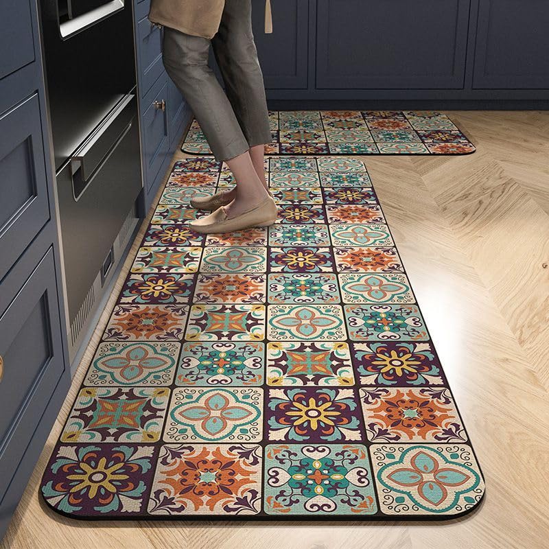 ZIBUYU® 2 Pcs Kitchen Comfort Rugs Anti-Fatigue Floor Mat for Kitchen, Diatom Absorbent Standing Mat Soft & Quick-Dry, Retro Floral Mat for Kitchen, Entry, Bathroom, 120x40cm & 40x60cm