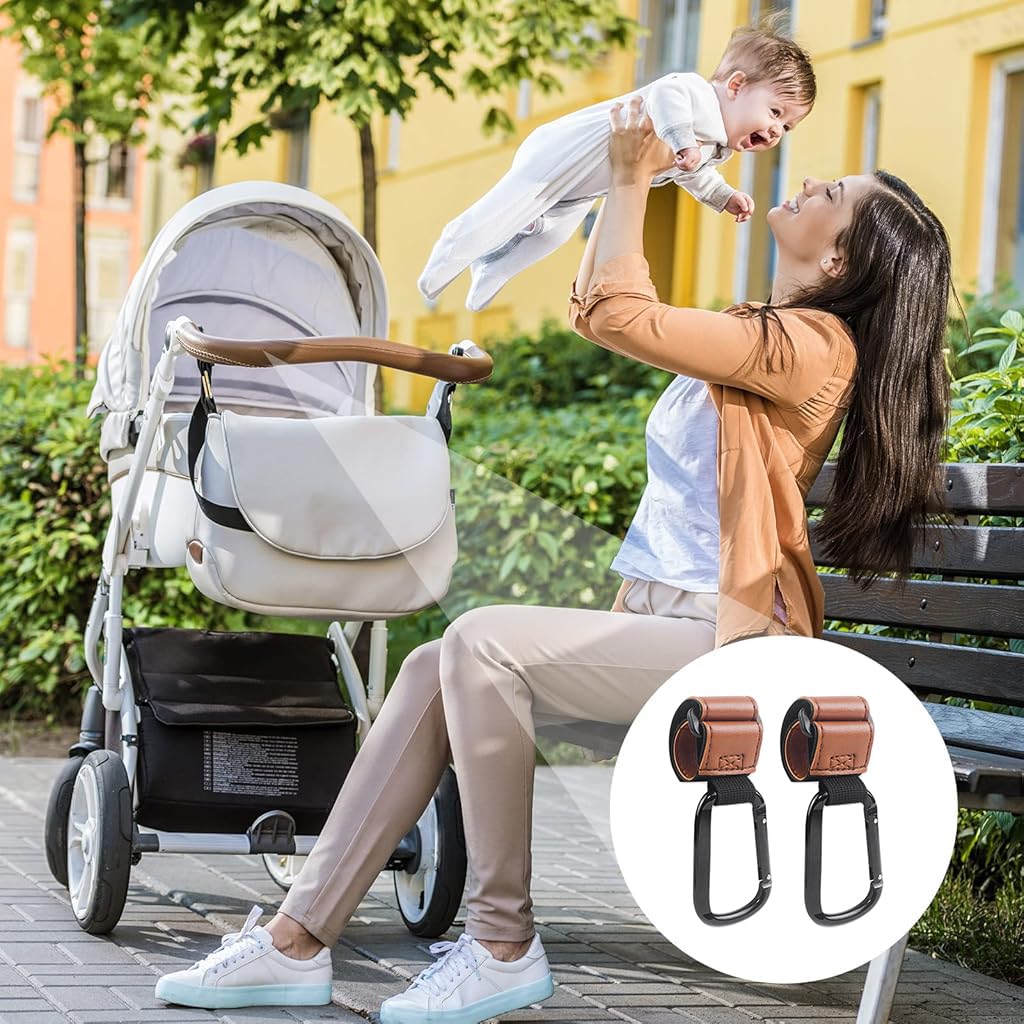 SNOWIE SOFT® 2Pcs Stroller Hooks Quick Release Handle Bar Carabiners for Hanging Items Adjustable Hook and Loop Closure Leather Stroller Hooks Bag Hanging Hooks for Stroller, Pram, Pushchair