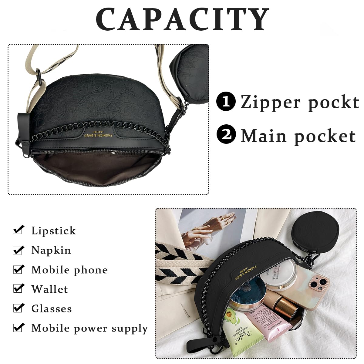 PALAY Women Sling Bag for Daily Use with 25x7x15cm Capacity and Adjustable Chain Strap | PU Leather Black Crossbody