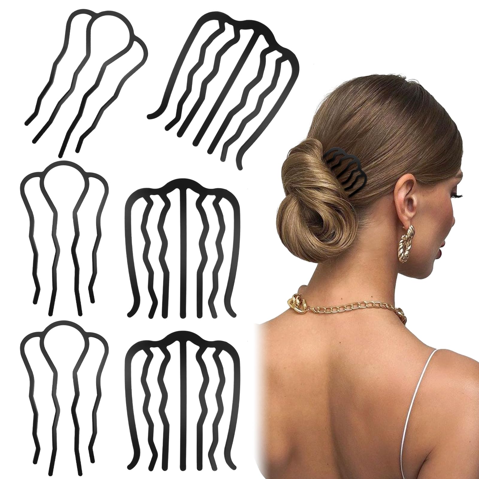ZIBUYU Hair Bun Slide Combs Set for Easy Updos with Curved Anti Slip Teeth | 6 Pc ABS