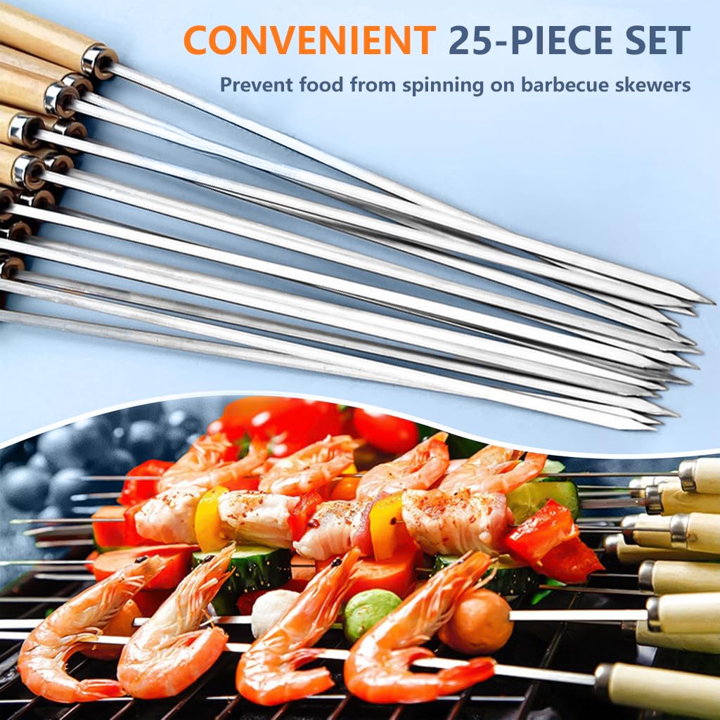 HASTHIP BBQ Skewers 25 pcs for Grilling with 12.9 in Flat Arrow Tips and 9 cm Wooden Handles | Stainless Steel Set with Storage Tube