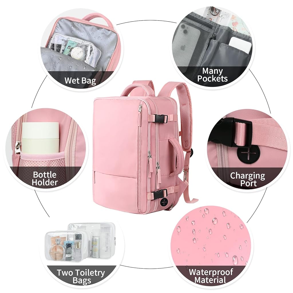 PALAY Laptop Backpack 20L-35L Flight-approved Luggage Shoulder Backpack Dual Handle Design Anti-scratch Travel Backpack Stylish Backpack Women Business Backpack, Pink