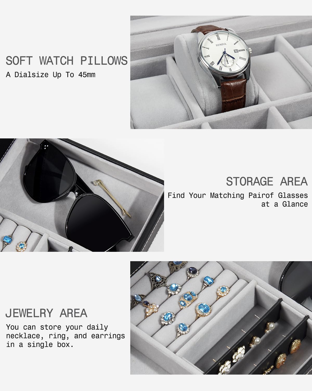 ZIBUYU Men's Jewelry Box Wooden PU Watch Storage Organizer 12-Grid Double Layer Watch Organizer Holder with Pillows Stylish Men Jewelry Box Organizer for Bracelet, Necklace, Rings, Ear Studs, Watches