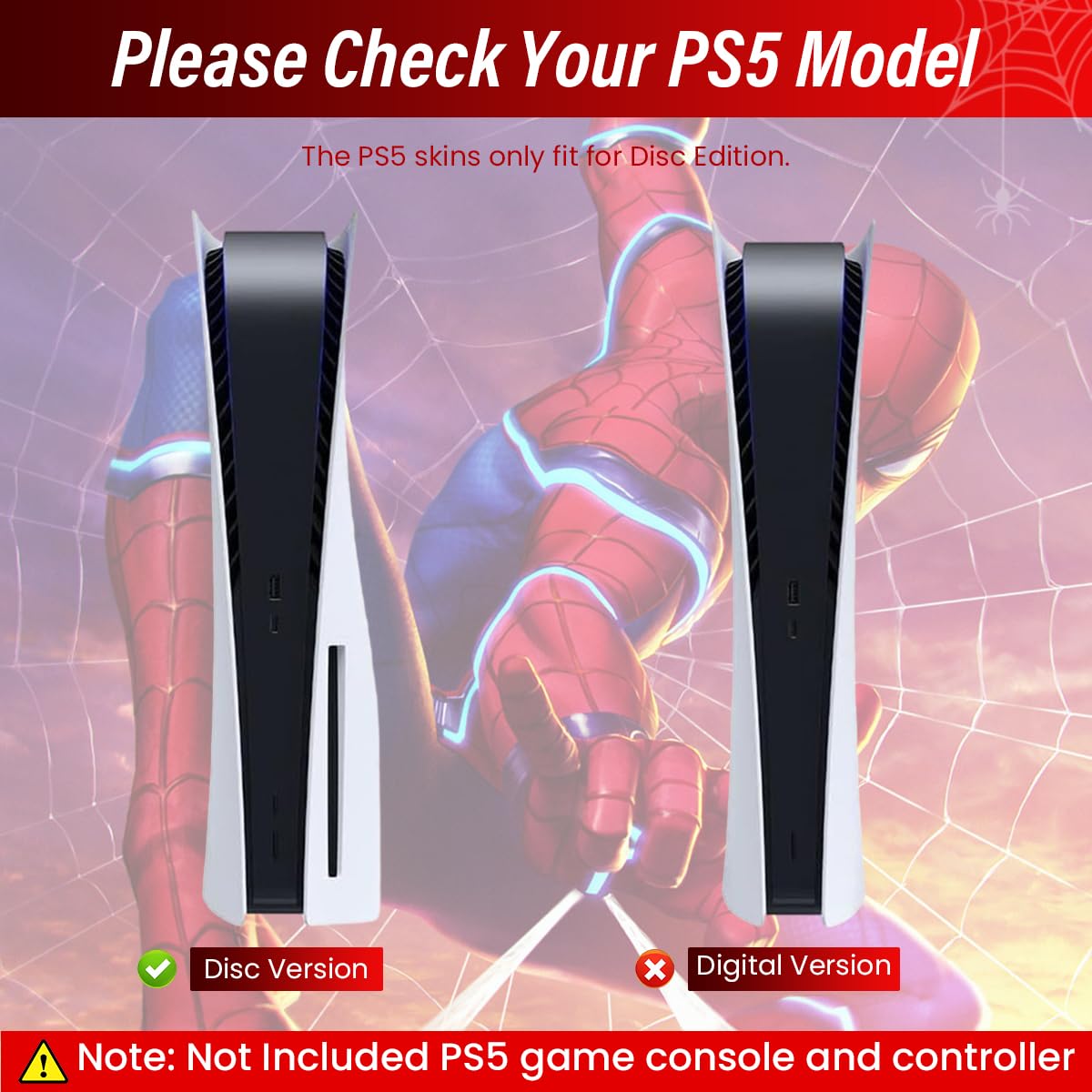 ZORBES Skin Cover Stickers for PS5 Disc Edition with Precise Fit Vinyl Matte Finish | Spider Red and Black Design