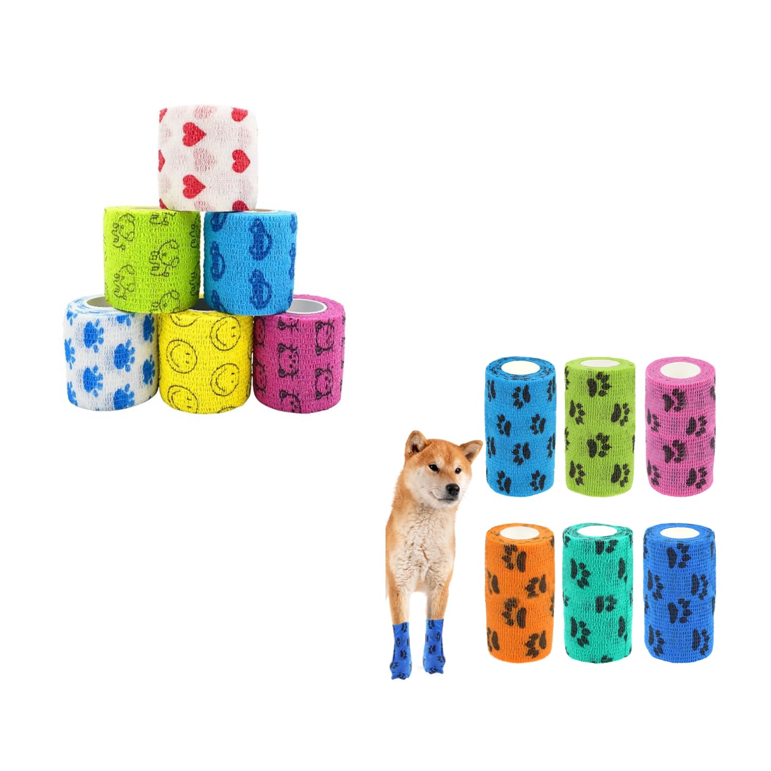 Qpets Kinesiology and Vet Tape Combo for Injury Recovery with Self Adhesive Waterproof Wrap 6pcs 4.5m | Paw Print Design for Pets and Humans