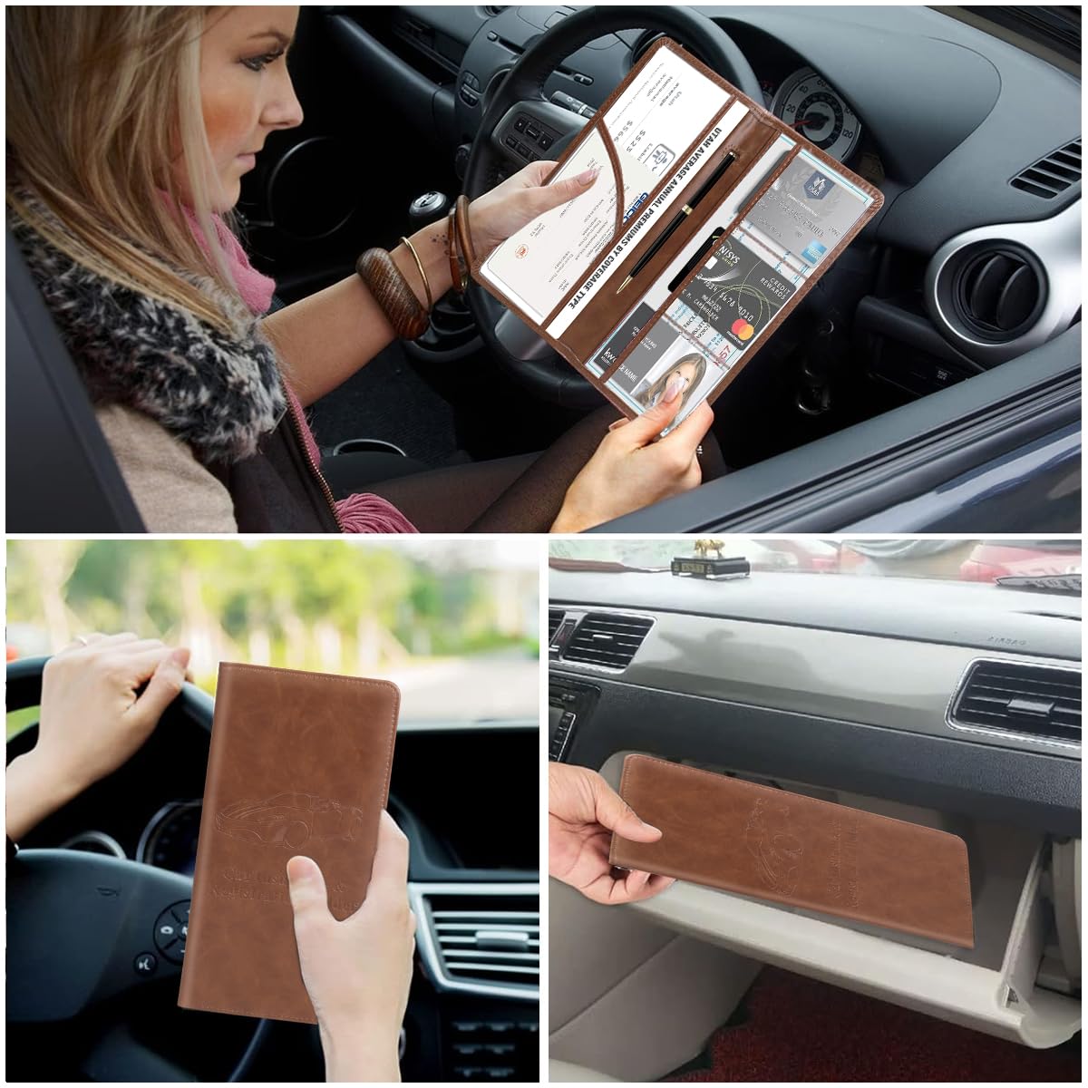 STHIRA Car Document Holder for Registration and Insurance with 6 Transparent Pouches | PU Leather Bifold Organizer for Vehicle Files and Cards