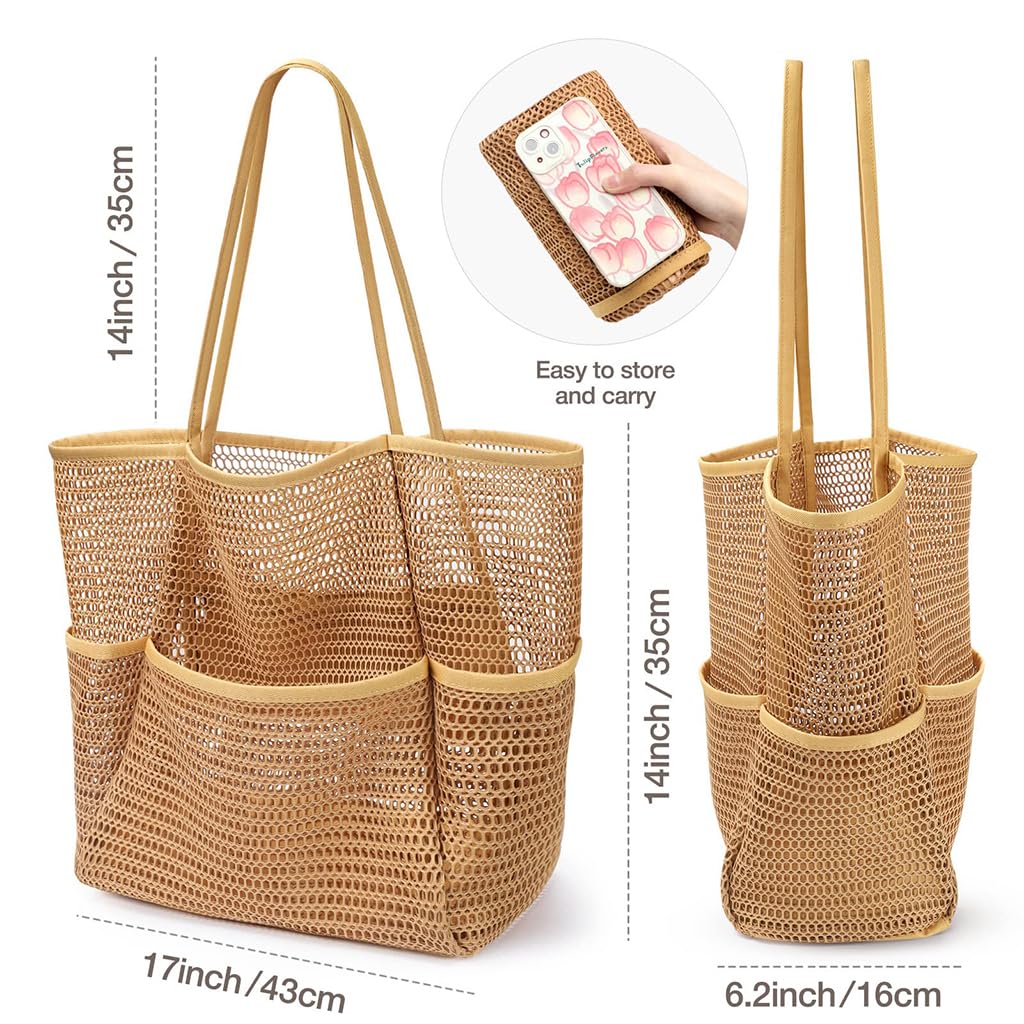 ZIBUYU Large Mesh Beach Bag Tote for Women with Waterproof Base and Multiple Pockets | Sand-Free and Lightweight for Travel, Pool or Picnic