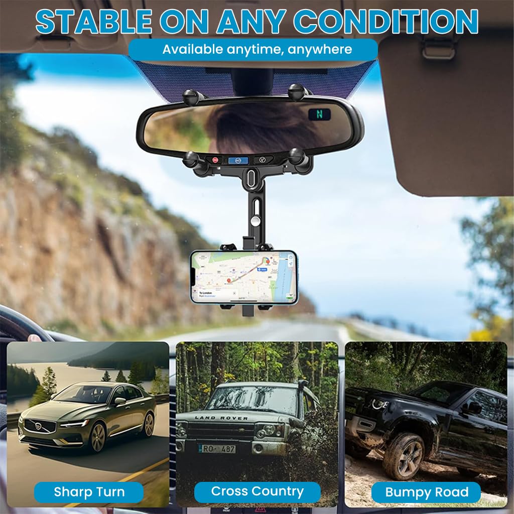 STHIRA Rearview Mirror Phone Holder for Car with 360° Rotation and 4-Claw Grip | Retractable Arm