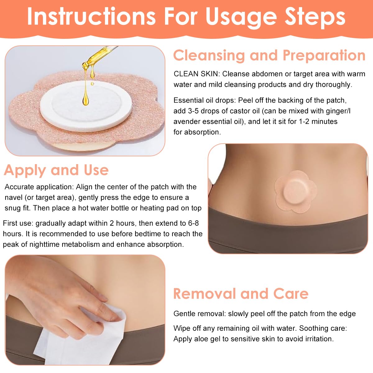 HANNEA Castor Oil Pack Wrap for Belly Button with 60PCS Organic Cotton Floral Pads | Self-Adhesive Design