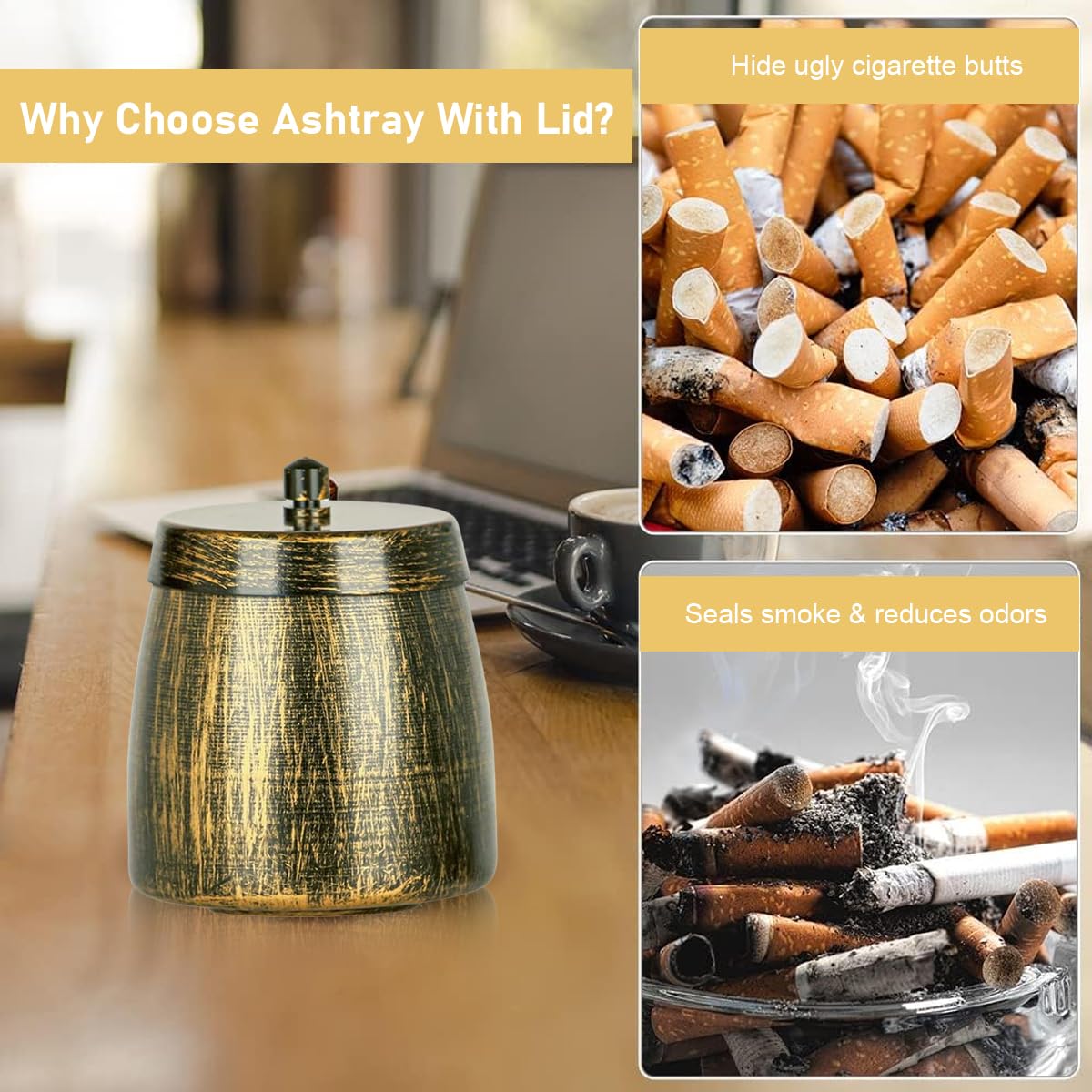 HASTHIP Ashtray for Cigarette with Lid for Car and Home featuring 11x11 cm Metal Design | Smoke Control and Detachable Pillar