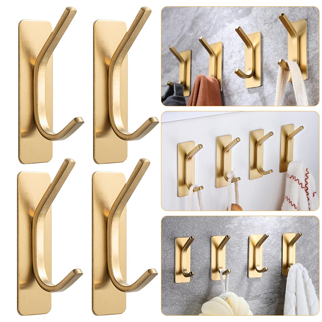 Supvox Wall Hooks for Kitchen Bathroom and Entry featuring Dual Hook Design | 4Pcs Golden Stainless Steel No Drill Adhesive
