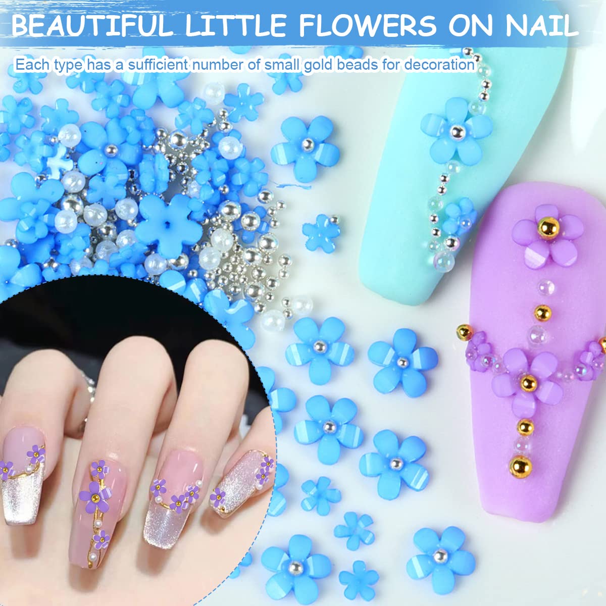 MAYCREATE 3D Flower Nail Charms for DIY Nail Art with 400 pcs Acrylic Decals | Blue and Purple Designs