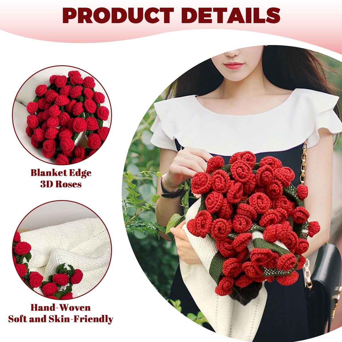 HASTHIP Flower Bouquet Blanket for All Seasons with 3D Crochet Floral Design | 80cm Soft Knitted Throw